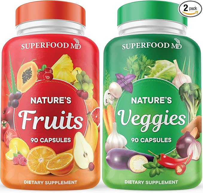 Fruit & Vegetable Supplement - 90 Fruit and 90 Vegetarian Capsules - Supports energy levels, high in lycopene, vitamins and minerals