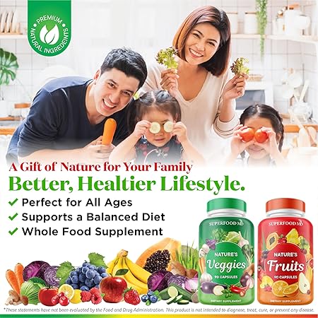 Fruit & Vegetable Supplement - 90 Fruit and 90 Vegetarian Capsules - Supports energy levels, high in lycopene, vitamins and minerals