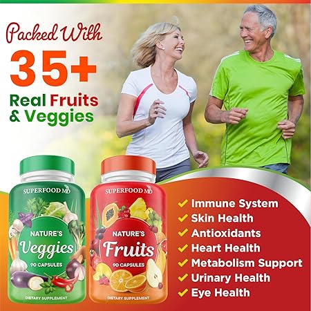 Fruit & Vegetable Supplement - 90 Fruit and 90 Vegetarian Capsules - Supports energy levels, high in lycopene, vitamins and minerals