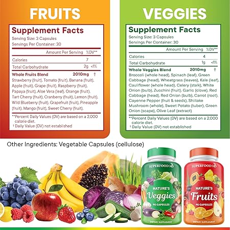 Fruit & Vegetable Supplement - 90 Fruit and 90 Vegetarian Capsules - Supports energy levels, high in lycopene, vitamins and minerals